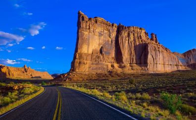 Road, highway, desert, landscape, cliff