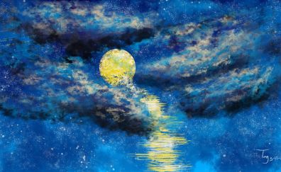 Moon, night, clouds, art
