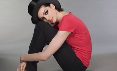 Anne Hathaway, sitting, celebrity, hat