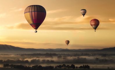 Hot air balloons, mist, fog, horizon, nature