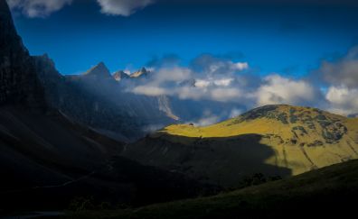 Mountains, valley, nature, landscape, clouds