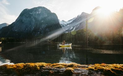 Boating, lake, mountains, sunlight, nature