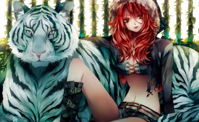 Red head girl, anime, tiger