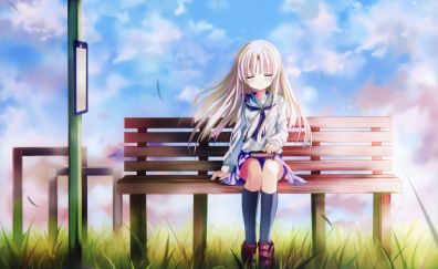 Cute girl, bench, sit, relaxed, anime