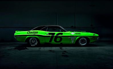 Dodge challenger, green sports car, side view