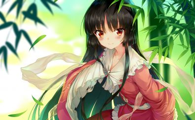 Cute anime girl, leaves, red dress