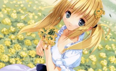 Flower farm, white dress, anime, cute girl