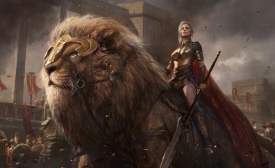 Girl warrior on lion, art