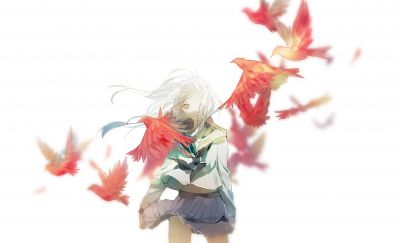 Long hair, birds, anime girl