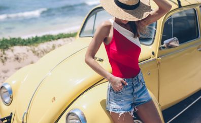 Summer, girl with yellow car, hat