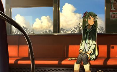 Hatsune Miku, anime girl, reading, train