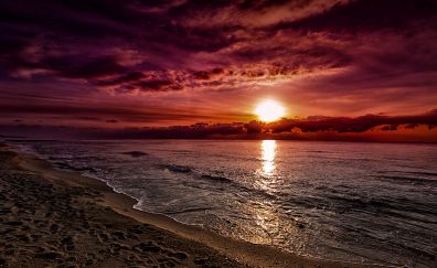Horizon, sunset, beach, clouds, nature