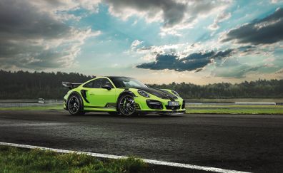 Green sports car, Porsche 911 Turbo