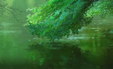 Anime Green tree, branches, leaves, reflections, lake