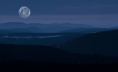 Moon, mountains, tree, horizon, night, nature