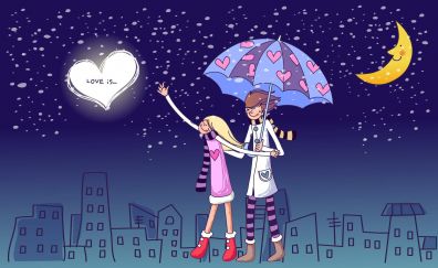 Love, cartoon, starry sky, heart, umbrella, couple