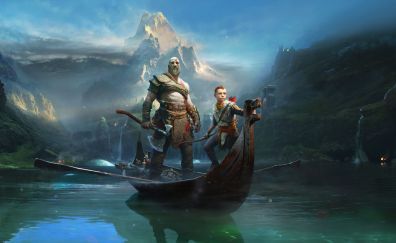 Kratos, God of war, boat, river, game