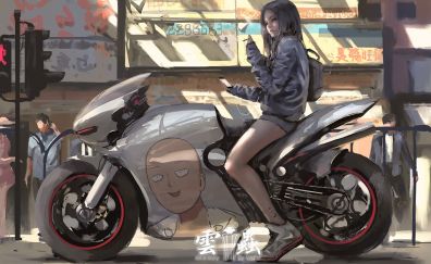 One punch man anime girl on bike, anime artwork