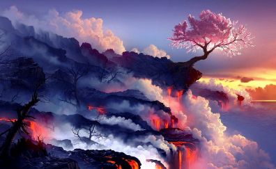 Lava, tree, clouds, smoke, art