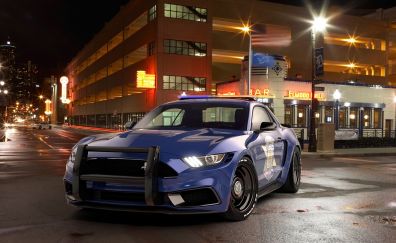 Ford Mustang, blue police car, night, street