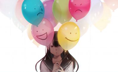 Sad, anime girl, colorful balloons, original