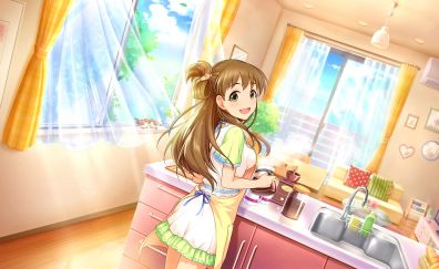 Happy anime girl in kitchen, blonde anime girl