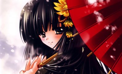 Cute anime girl, red umbrella, original