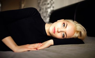 Blonde, model, lying in bed