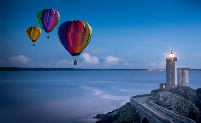 Hot air balloon, lighthouse, colorful, sea, skyline