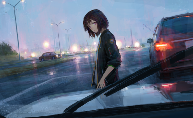 Anime girl, road, cars, rain, art