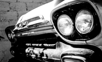 Vintage car, headlight, monochrome