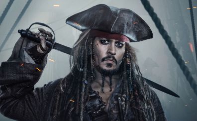 Jack Sparrow in Pirates of the Caribbean: Dead Men Tell No Tales, movie, 4k