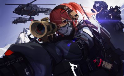 Anime girl, military, mask, redhead girl