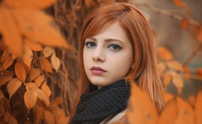 Red head, girl's face, leaves