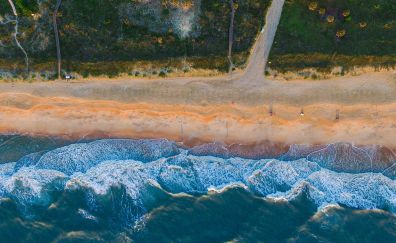 Sea waves, beach, aerial view, 4k