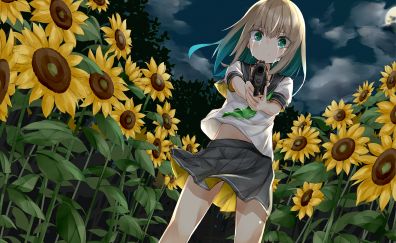 Sunflowers farm, anime girl, blonde