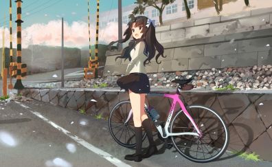 Long hair anime girl and her cycle