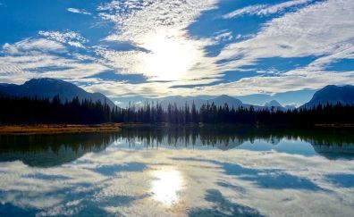 Lake, mountains, blue sky, clouds, reflection