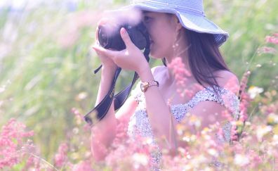 Girl, meadow, photography, camera