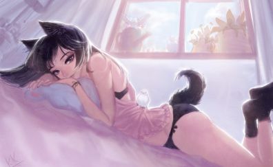 Cat girl in bed, sleep, art