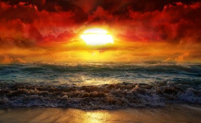 Amazing sunset, waves, beach and sea