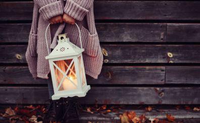 Autumn leaves and child with lantern