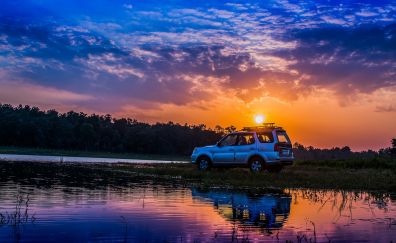 Car, sunset, off road, reflections, river