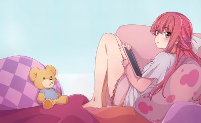 Rin, shelter, anime girl, sit, teddy bear