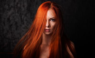 Red head, long hair on face, model
