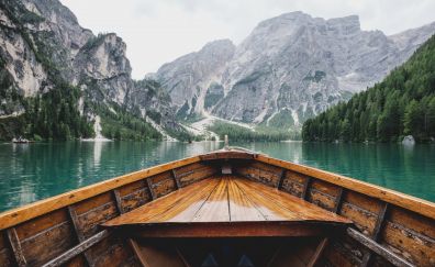 Boat, lake, tree, mountains