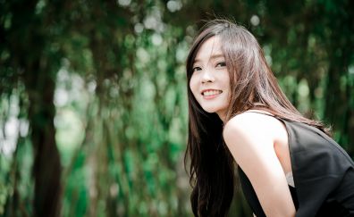 Asian model, smile, outdoor, bokeh
