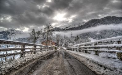 Bridge, winter, fog, mountains, nature