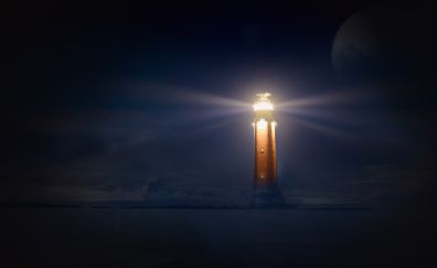 Lighthouse, night, lights, beach, dark