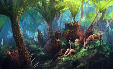 Forest, tree, girl warrior, fantasy